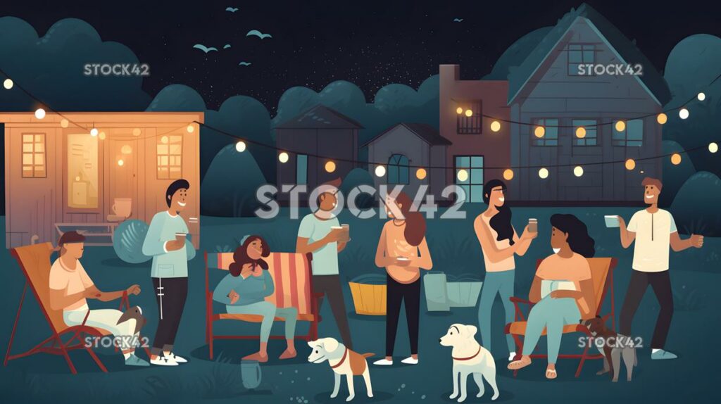 Create a picture of a group of people having a backyard m three