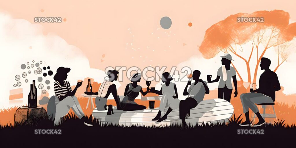 Create a picture of a group of people having a picnic and