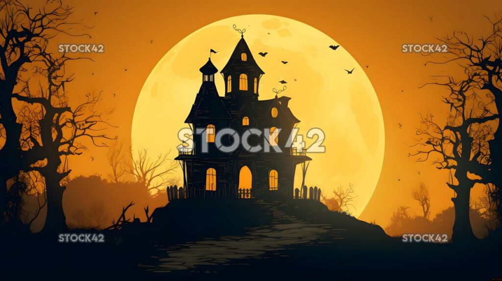 Create a poster for a Halloween party with a haunted hous three