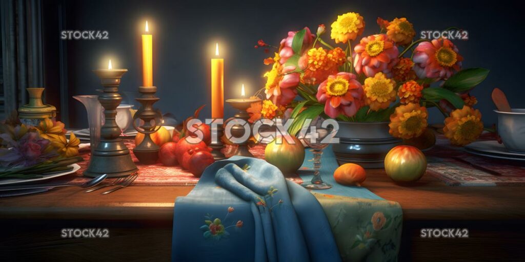 Create an image of a festive table setting with a colorfu three