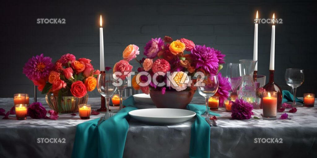 Create an image of a festive table setting with a colorfu two