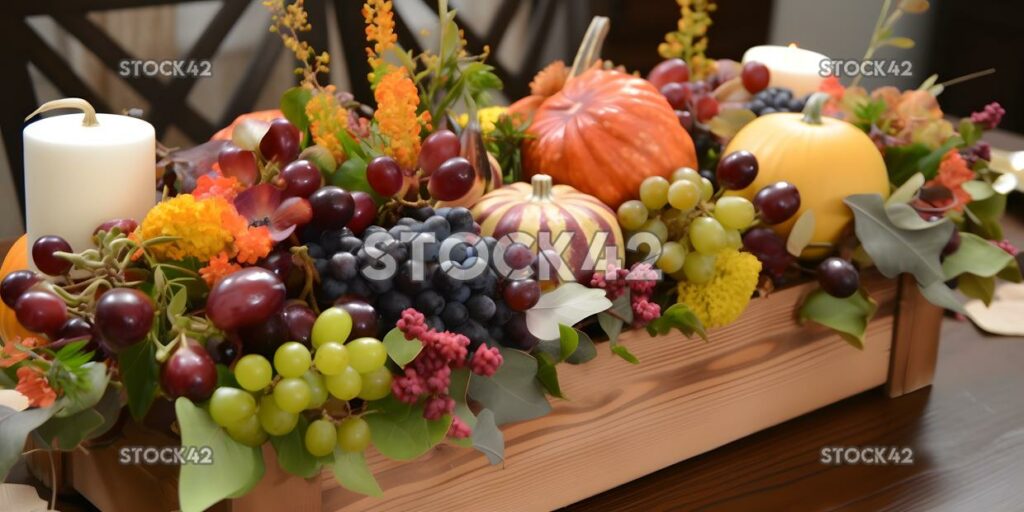 Design a centerpiece for a Thanksgiving dinner party with three