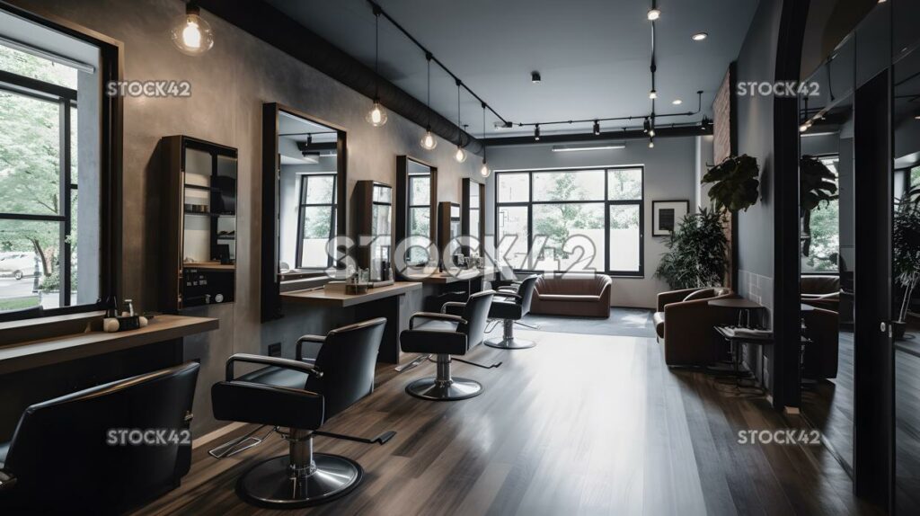 Empty hair salon with chairs and mirrors