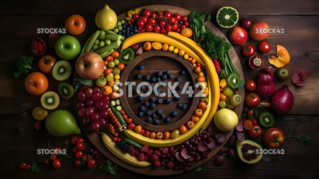 Fresh fruits and vegetables arranged in a rainbow pattern