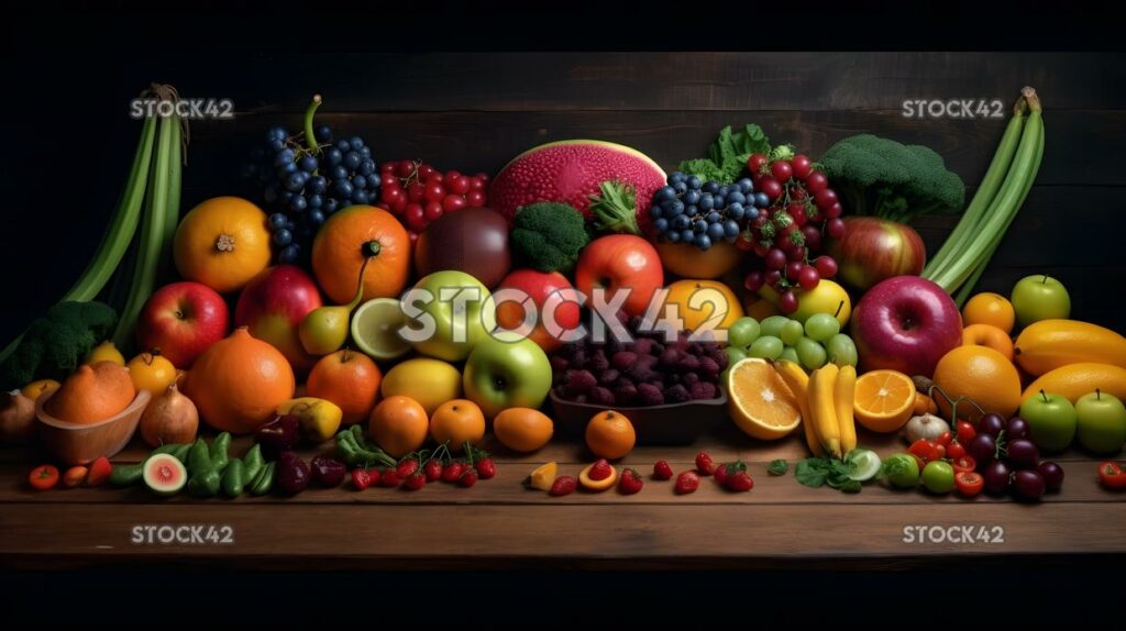 Fresh fruits and vegetables arranged in a rainbow pattern one