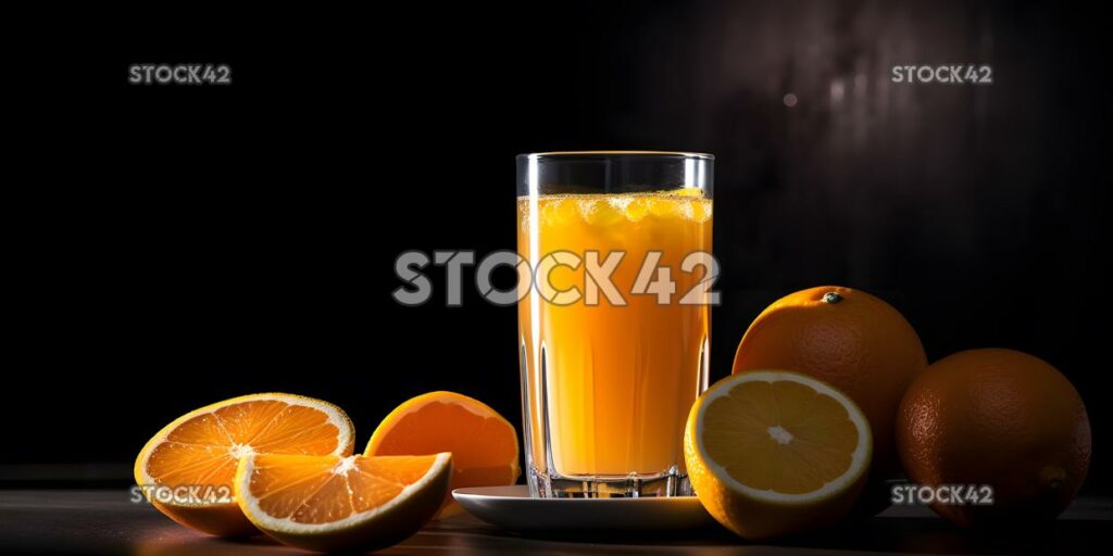 Freshly squeezed orange juice with slices of citrus fruit one