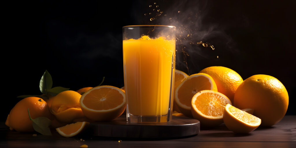 Freshly squeezed orange juice with slices of citrus fruit three