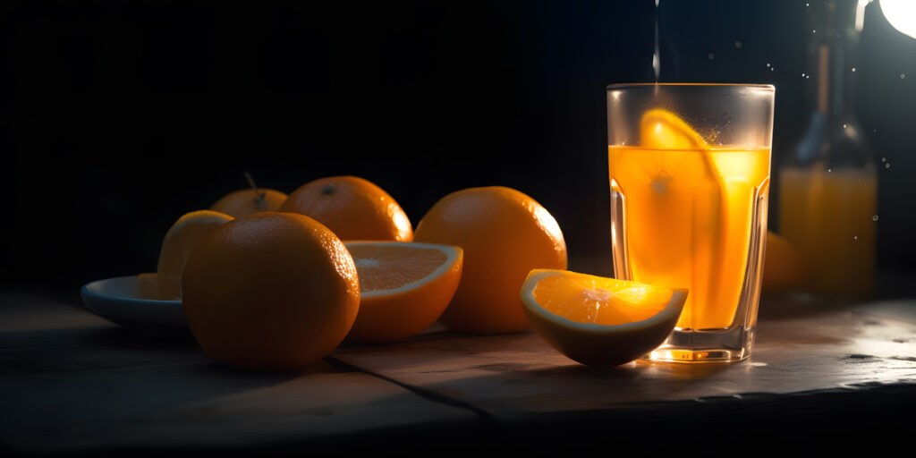 Zumo de naranja recién exprimido con rodajas de cítricos dos