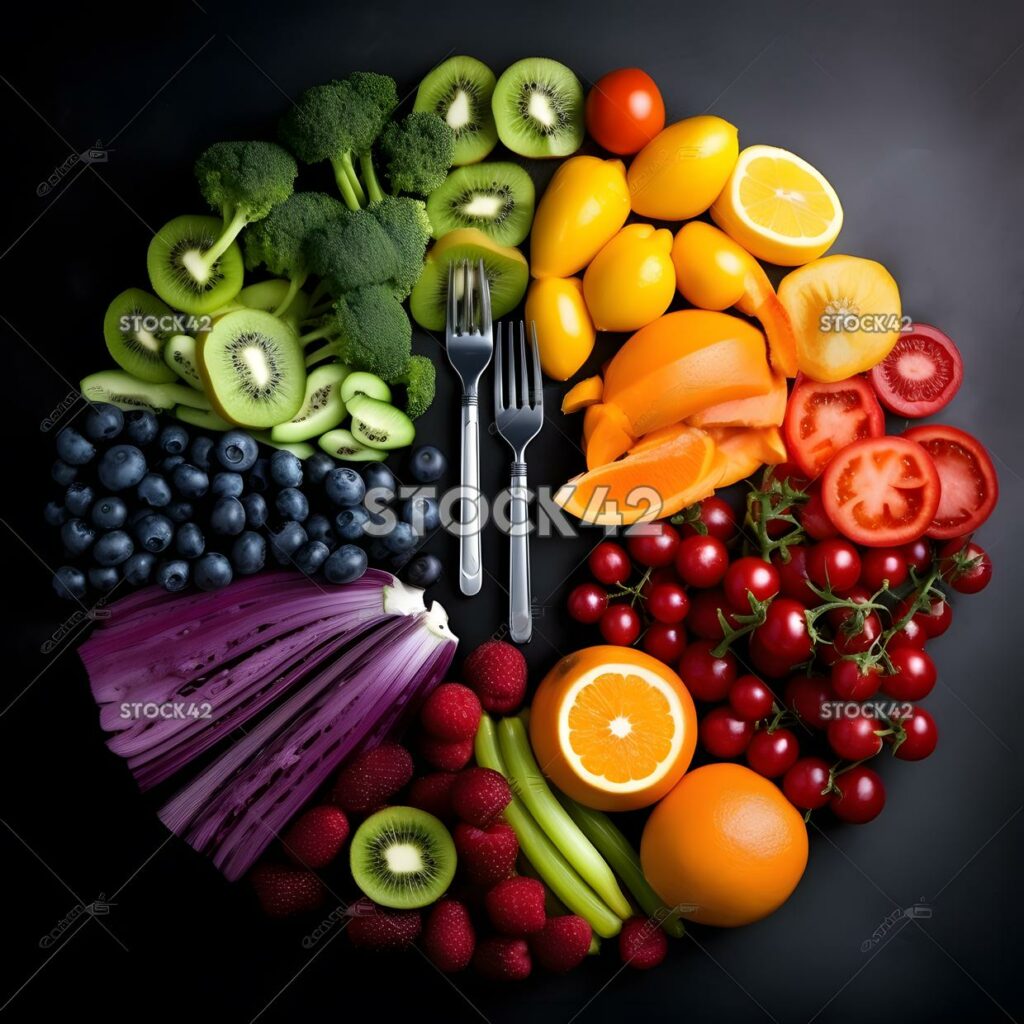 Frutas y verduras dispuestas en un colorido arco iris con