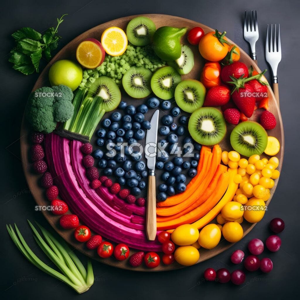 Fruits and vegetables arranged in a colorful rainbow with one