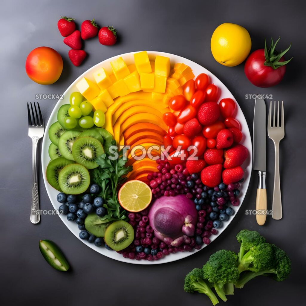 Fruits and vegetables arranged in a colorful rainbow with three