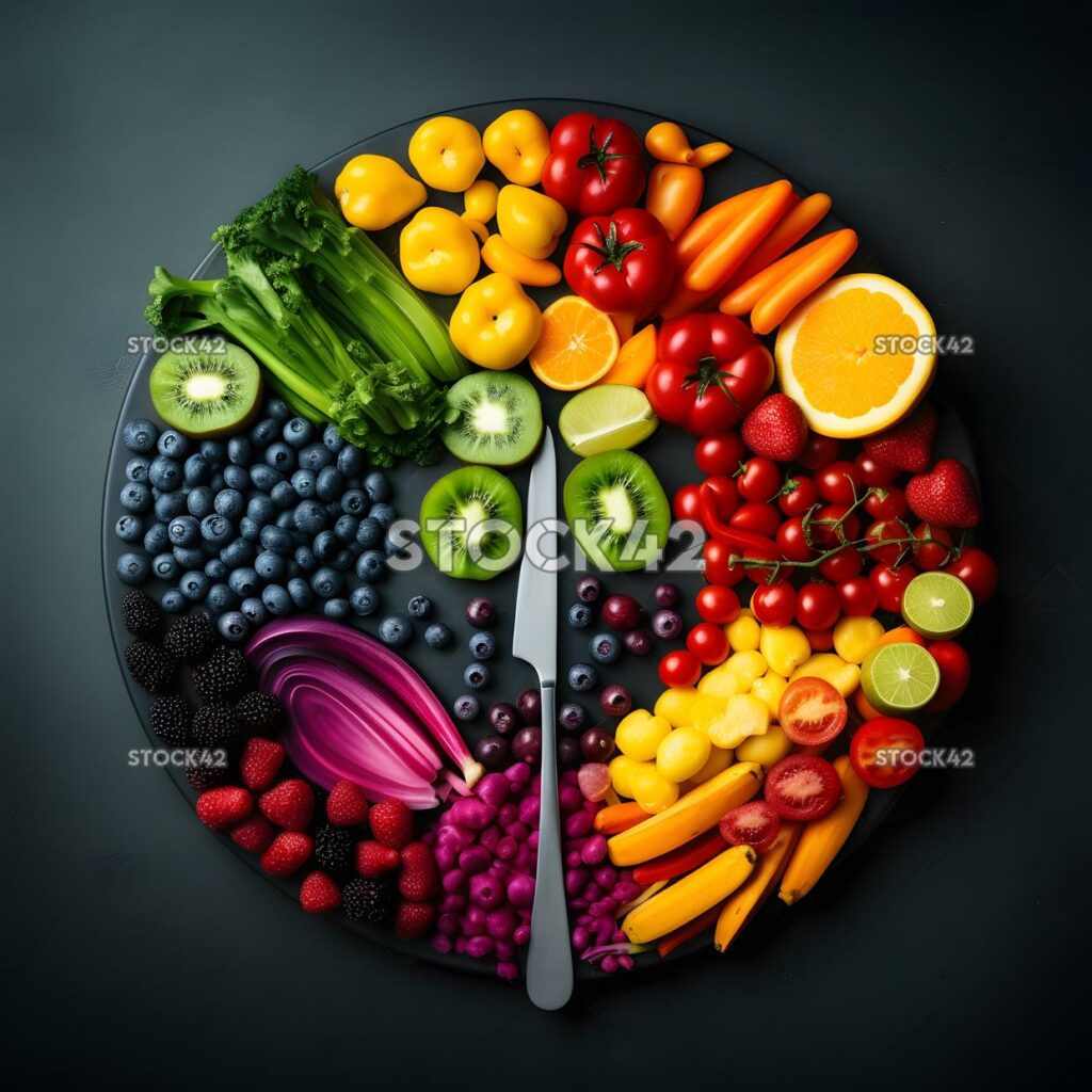 Fruits and vegetables arranged in a colorful rainbow with two