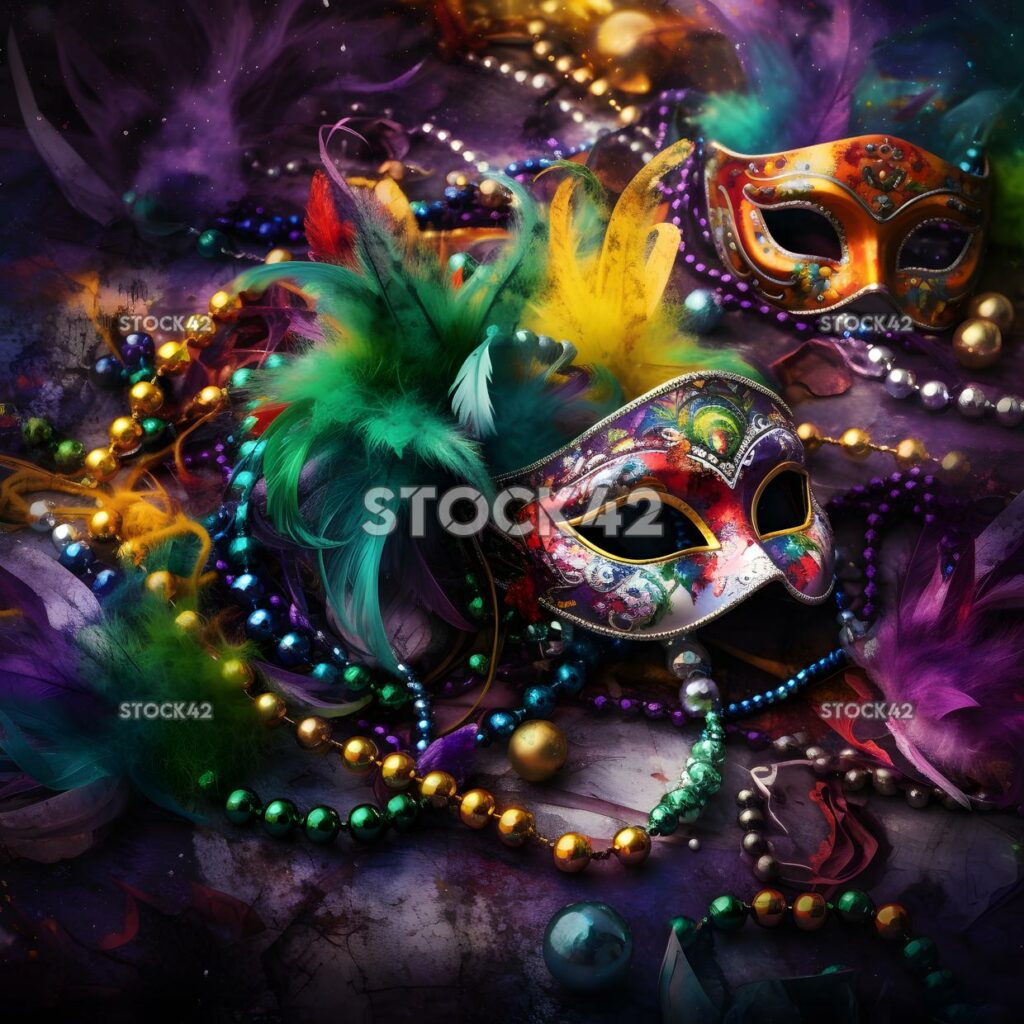 Generate an image of a colorful and lively Mardi Gras par two