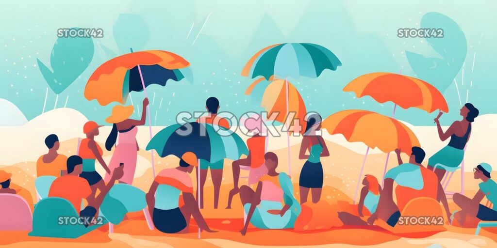 Generate an image of a group of people enjoying a beach p one