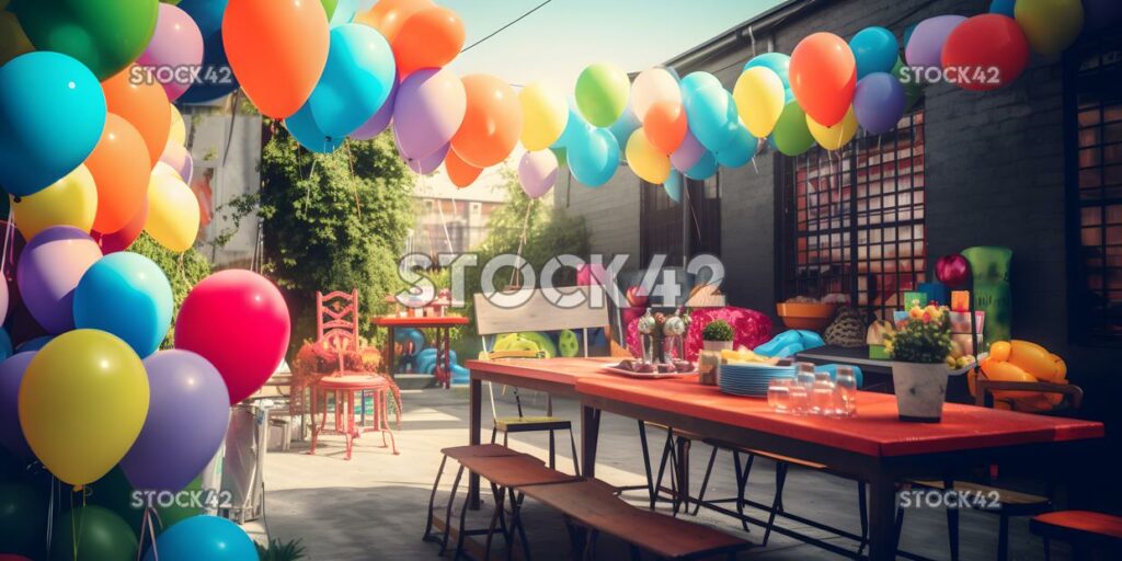 Generieren Sie ein Bild von einer lebhaften Outdoor-Party mit farbenfrohen