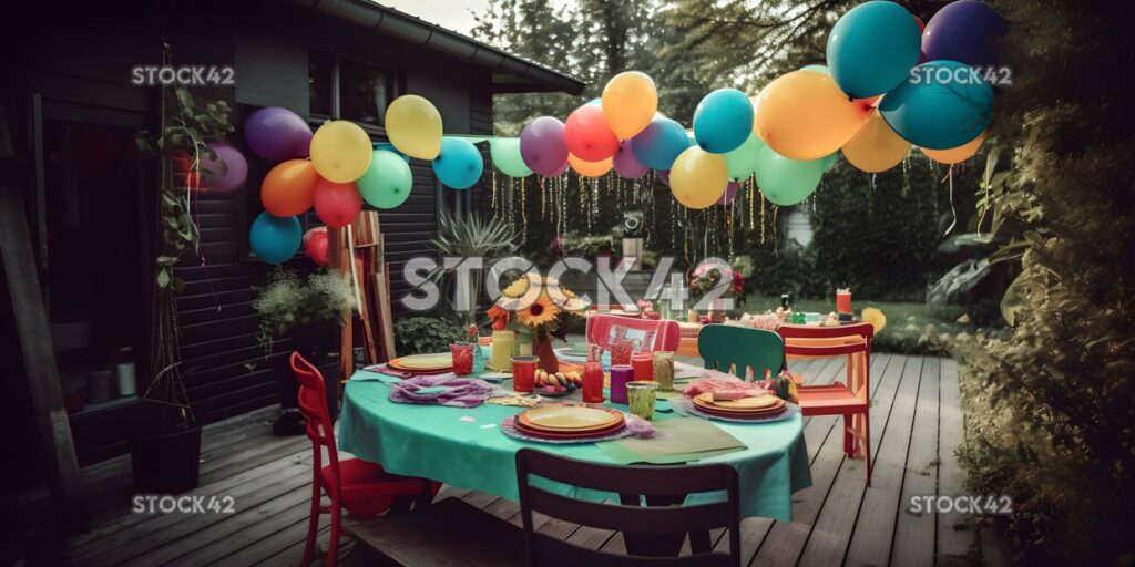 Generate an image of a lively outdoor party with colorful one