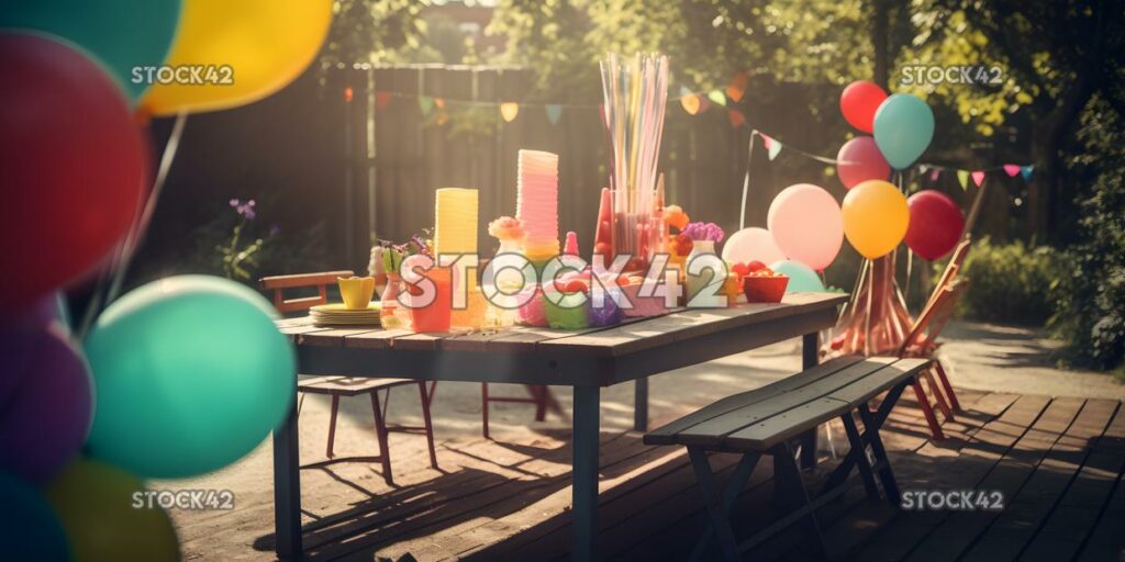 Generate an image of a lively outdoor party with colorful three