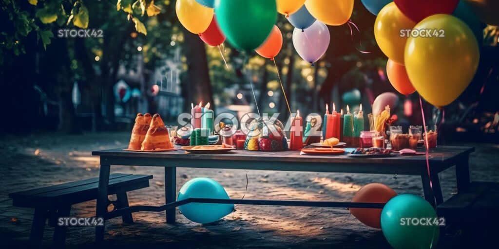 Generar una imagen de una animada fiesta al aire libre con dos coloridos