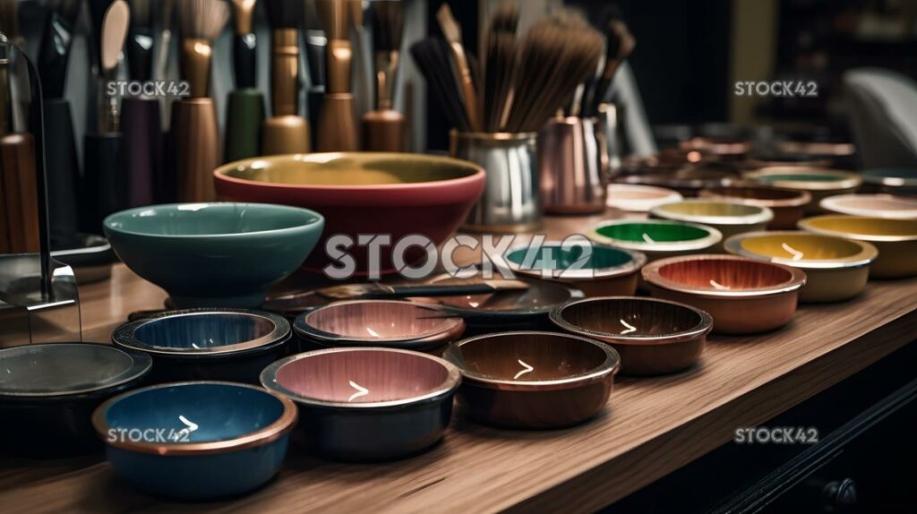 Hair coloring brushes and bowls on a table