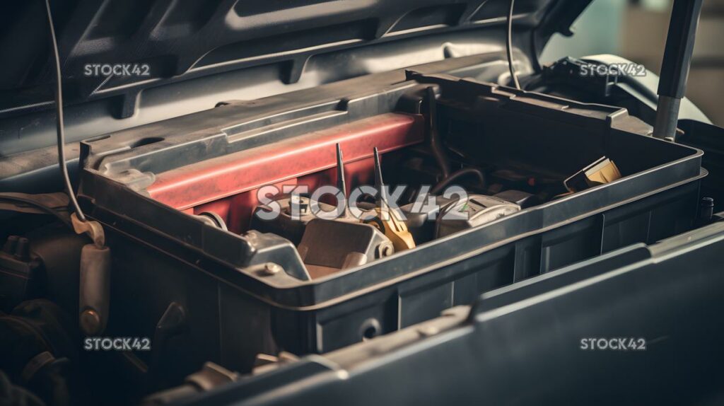 Instalación de una nueva batería de coche con una llave inglesa y una nueva batería