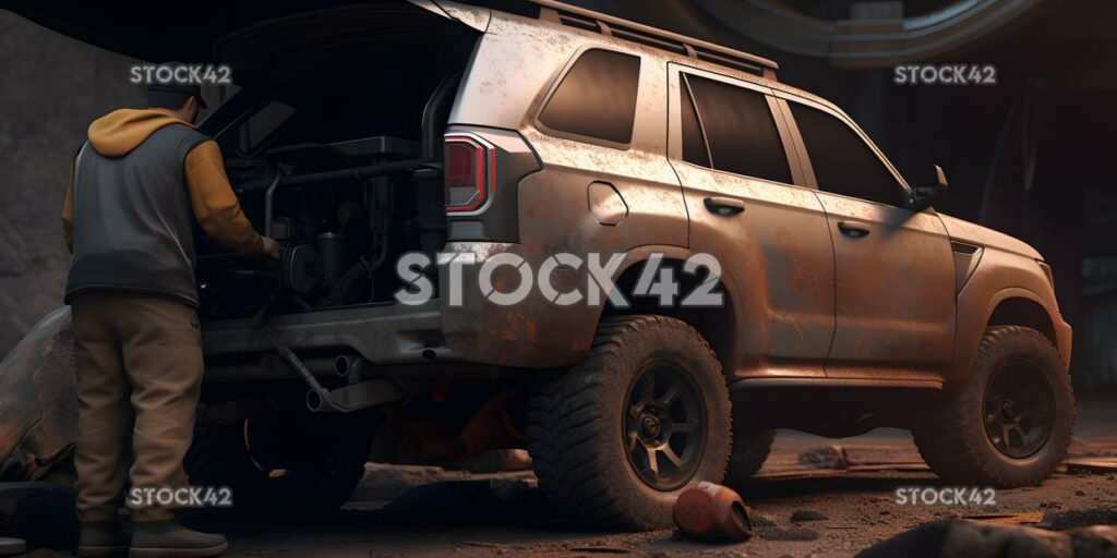 Coche levantado con mecánico revisando debajo de cualquier dama