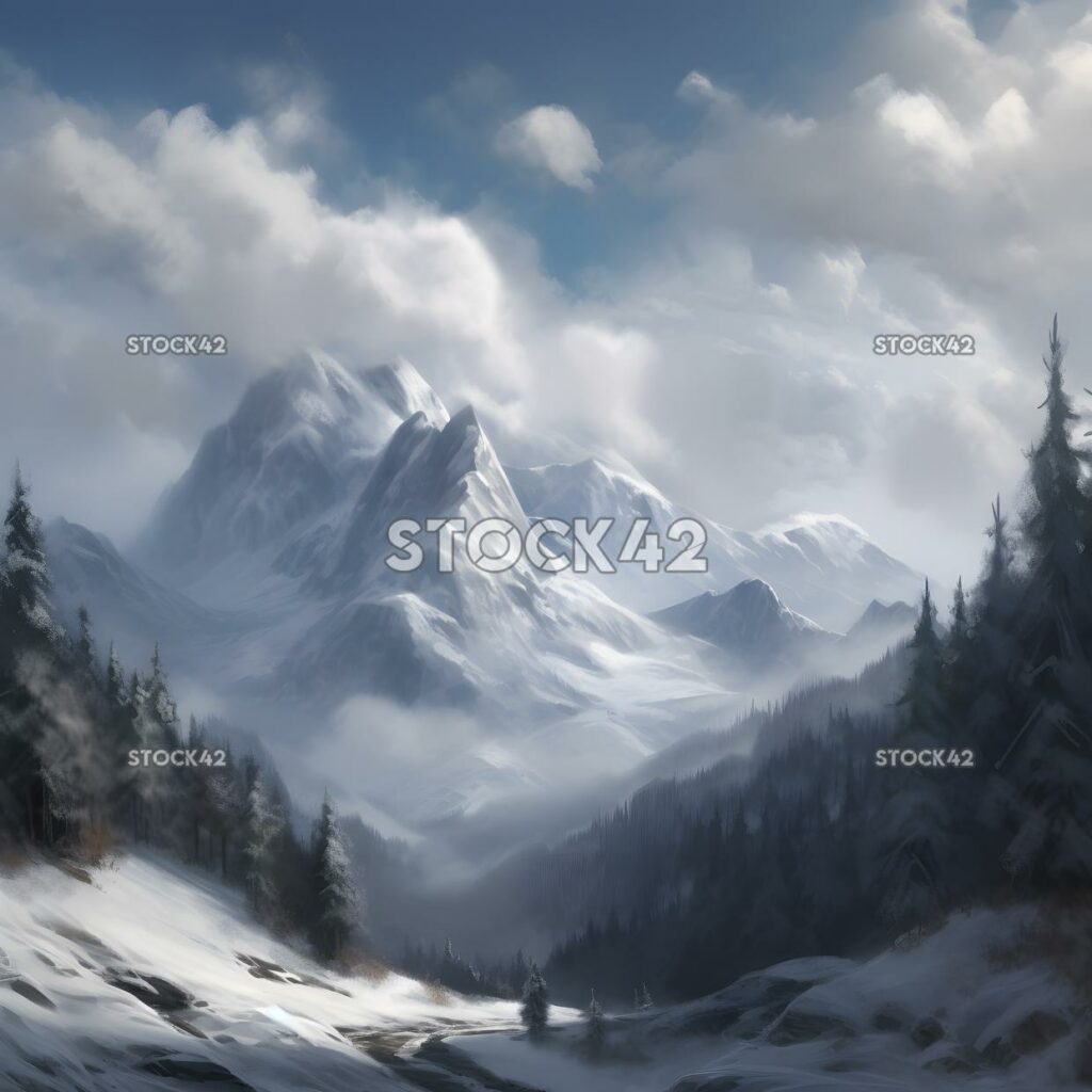 Berge, Schnee, Bäume, Wolken Hyperrealistisch