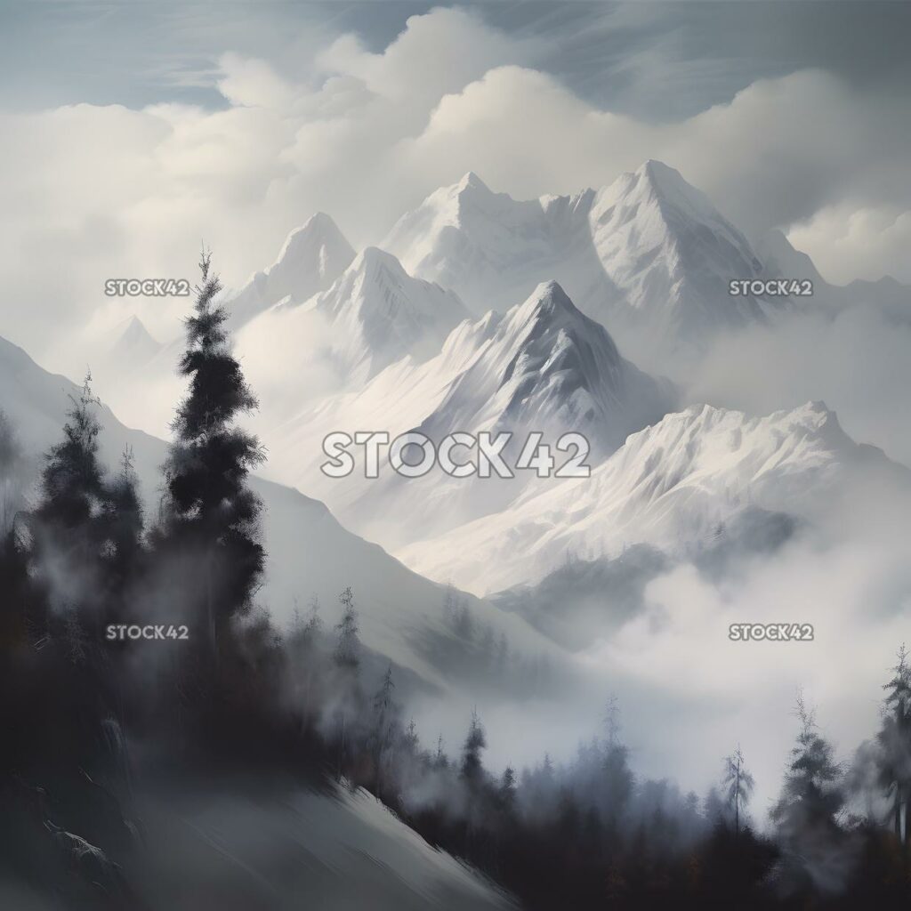 Mountains snow trees clouds Hyper-realistic one