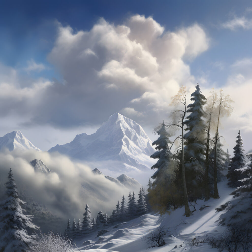 Berge, Schnee, Bäume, Wolken, Hyperrealistisch, zwei