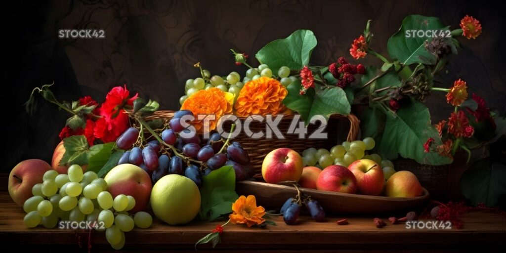 Nature still life flowers leaves fruits