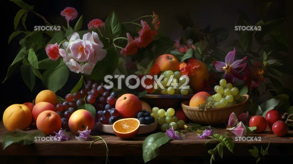 Nature still life flowers leaves fruits Hyper-realistic