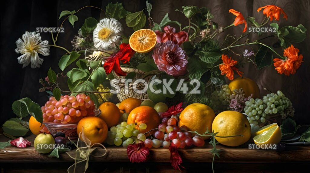 Nature still life flowers leaves fruits Hyper-realistic one