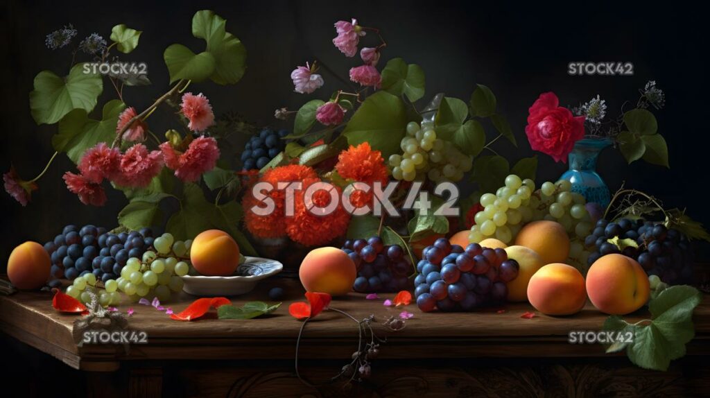 Nature still life flowers leaves fruits Hyper-realistic three