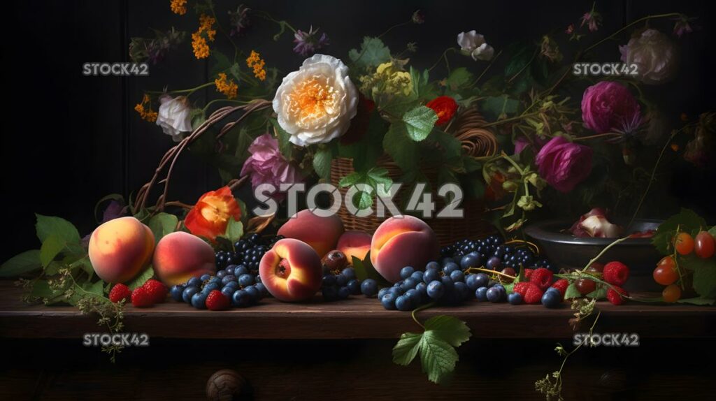 Nature still life flowers leaves fruits Hyper-realistic two