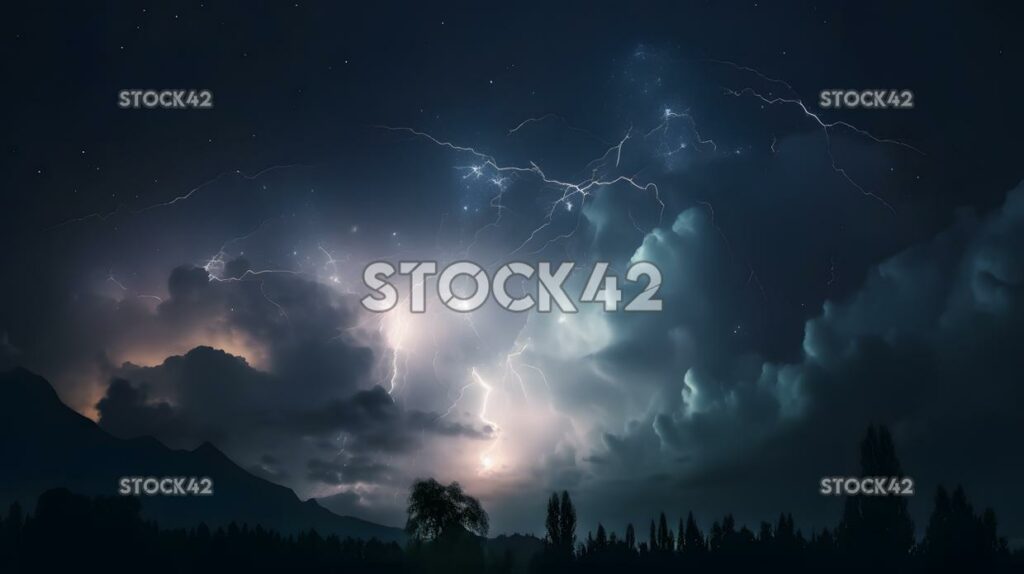 Night sky stars moon galaxy dynamic lightning two