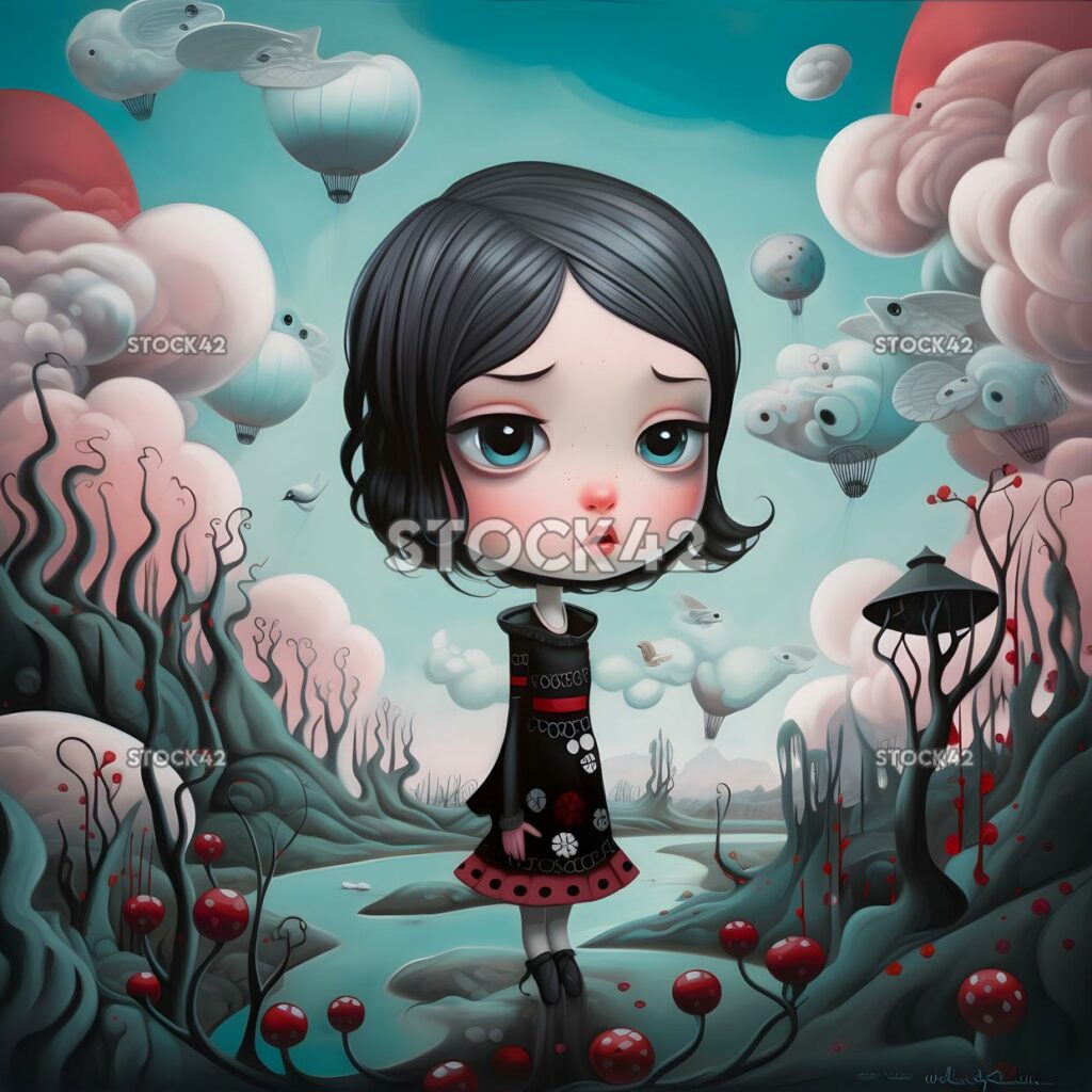 Pop surrealism fantasy dreamlike whimsical high contrast three