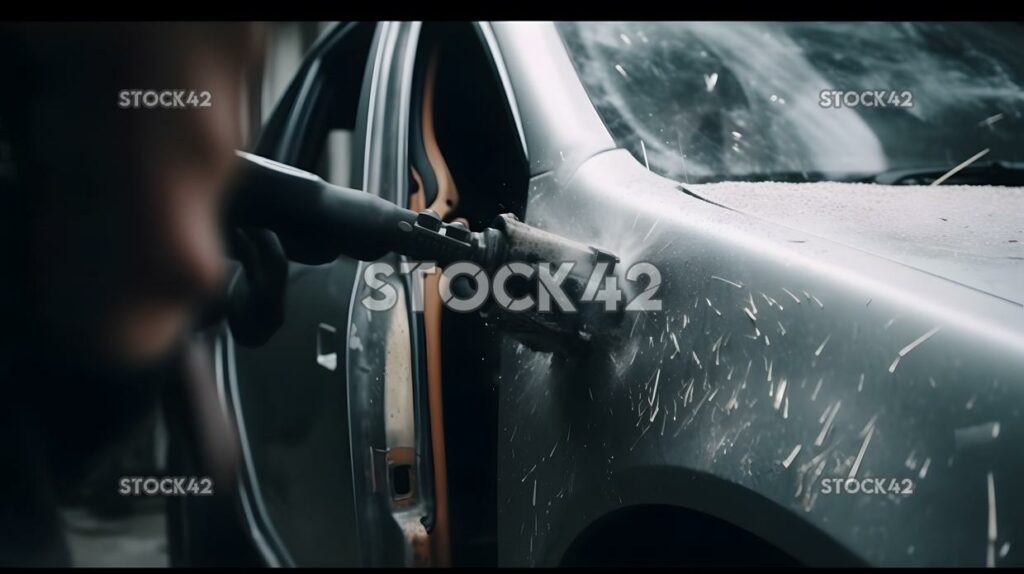 Replacing a damaged car door with a new one using a power