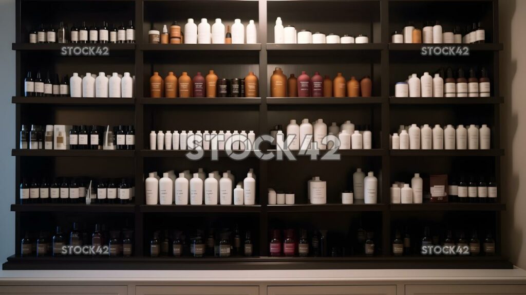 Shelves of hair products in a salon