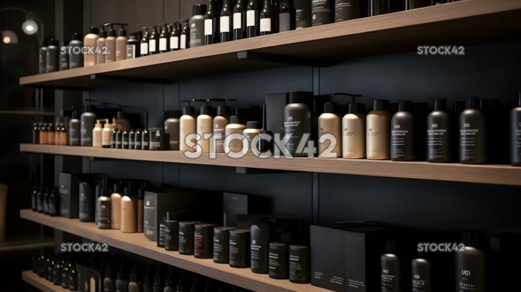 Shelves of hair products in a salon one