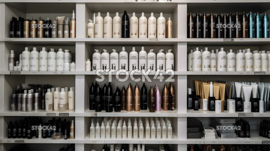 Shelves of hair products in a salon three