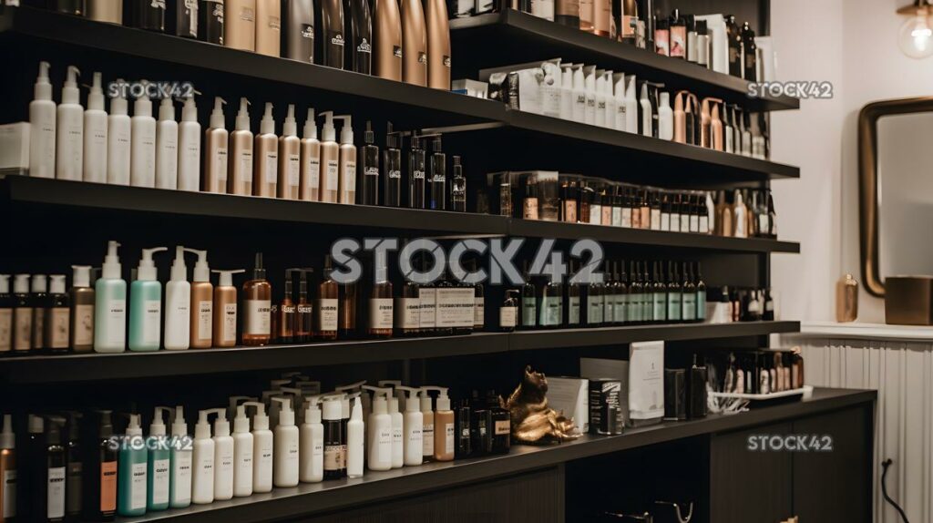 Shelves of hair products in a salon two