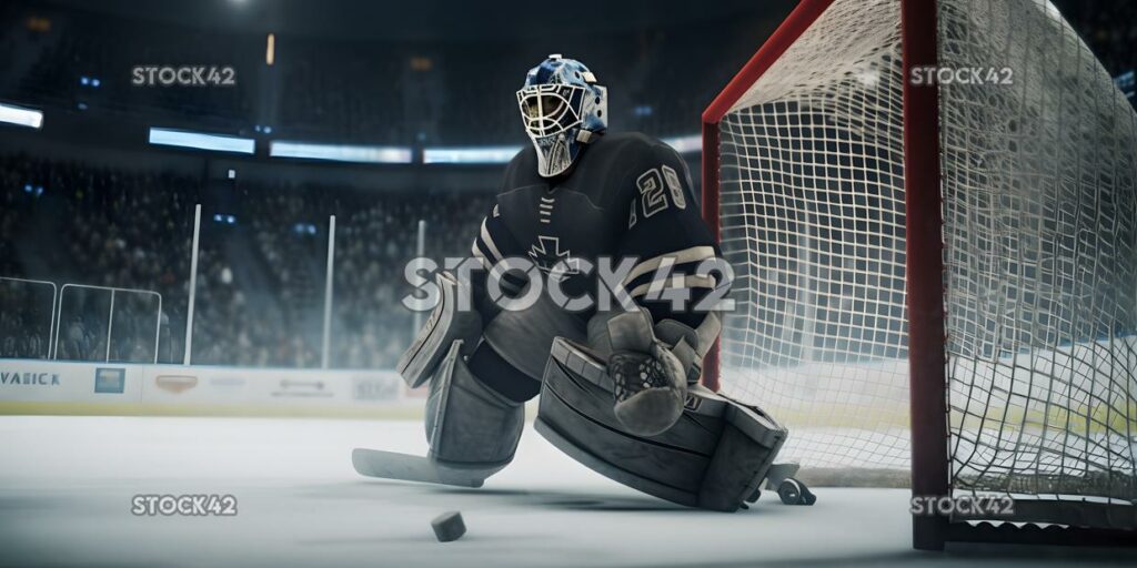 The goalie making a save with his stick on a backhand sho