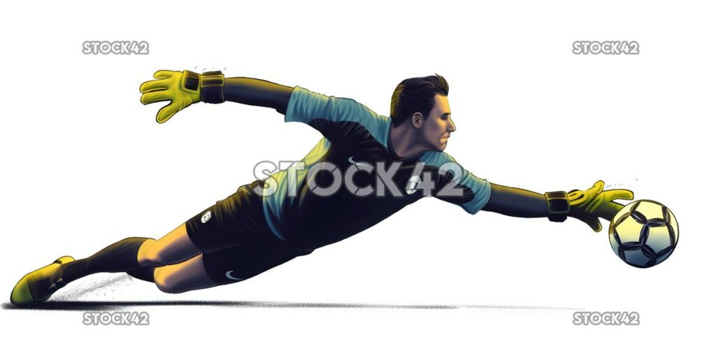 The goalkeeper makes a diving save to keep the ball out o one