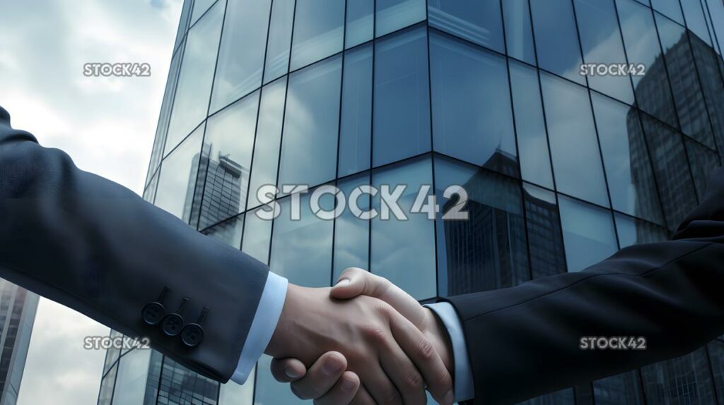 Two businessmen are shaking hands in front of a glass sky