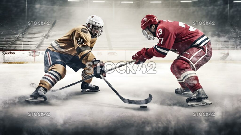 Two players fighting for the puck along the boards in the