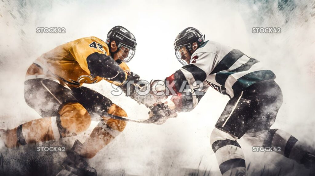 Two players fighting for the puck along the boards in the one