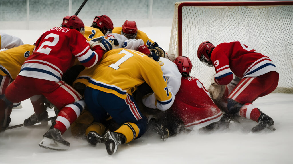 Two players fighting in front of the net during a scrum c