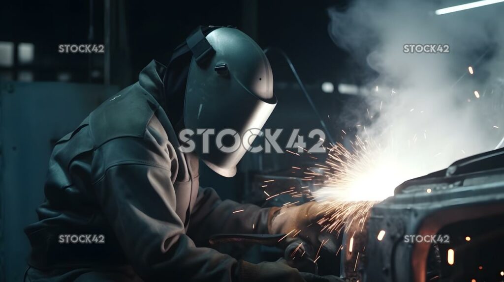 Welding a metal car frame using a welding torch and safet