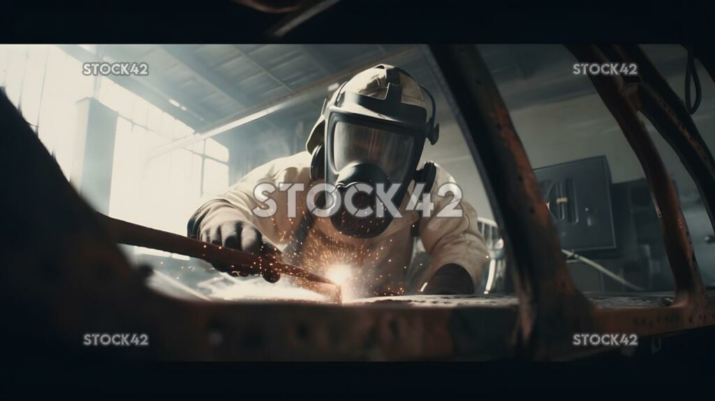 Welding a metal car frame using a welding torch and safet one