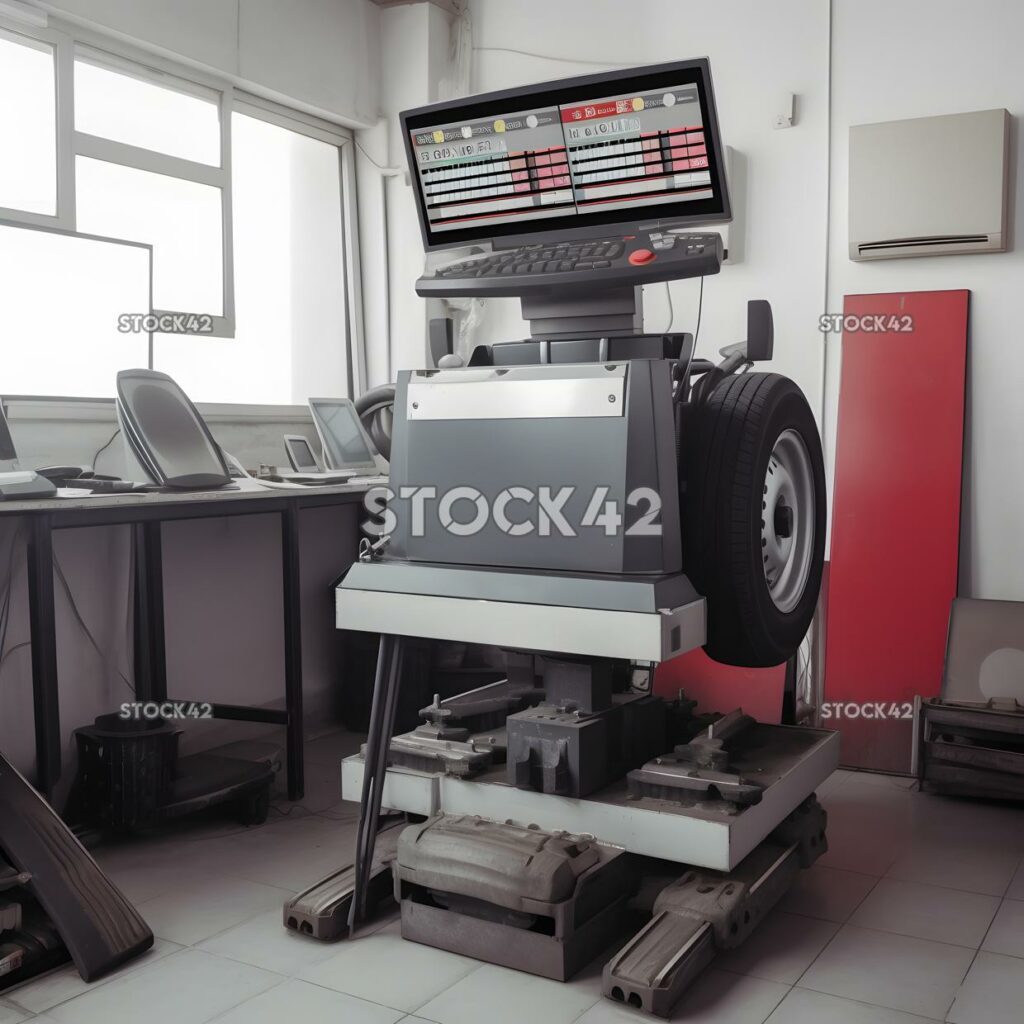 Wheel alignment machine in a car repair shop