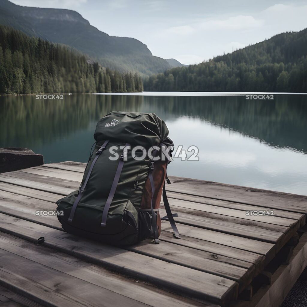 Mochila y saco de dormir sentarse en un muelle de madera con una s